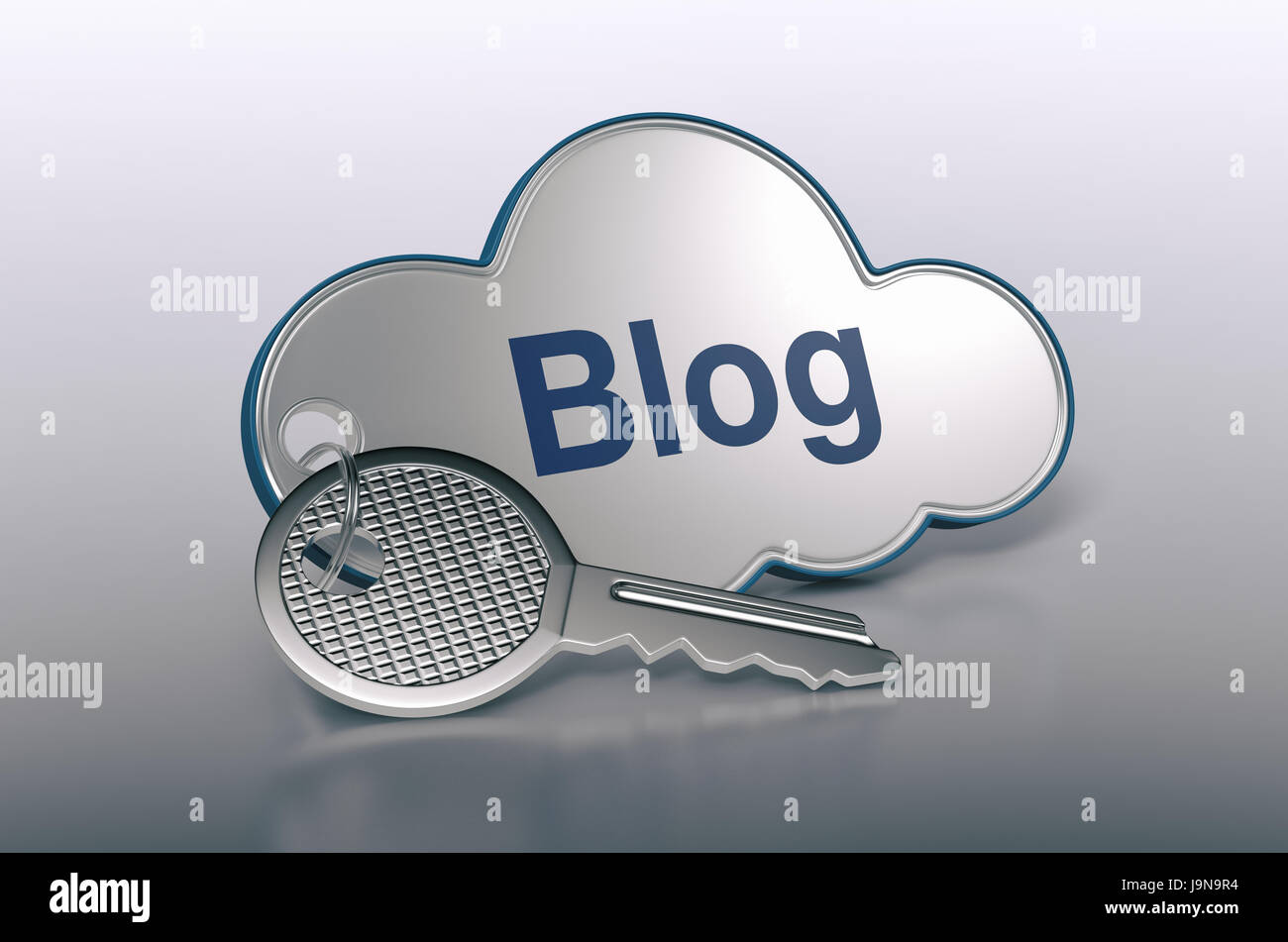 one cloud with a key and text: blog, concept of computer, web, network (3d render) Stock Photo