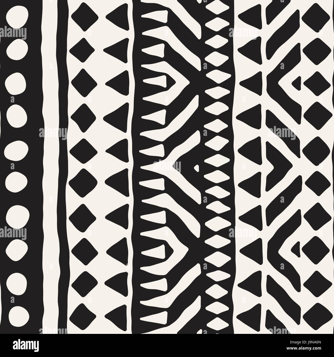 Black and white tribal vector seamless pattern with doodle elements ...