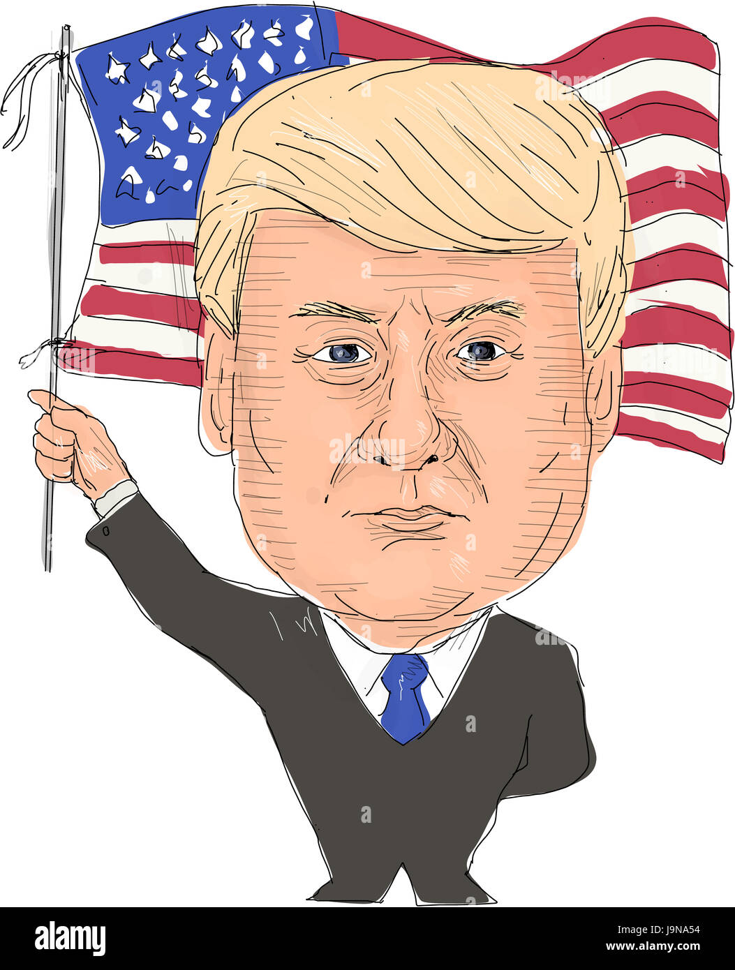 June 2, 2017: Watercolor style illustration of Donald Trump, President of the United States of America waving flag viewed from front set on isolated w Stock Photo