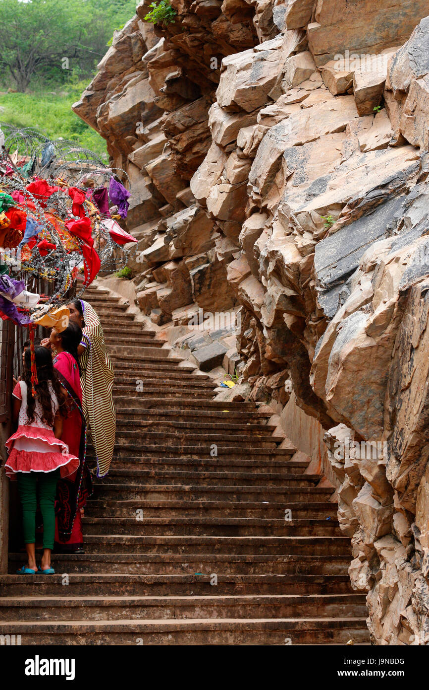 stairs  going to Galta temple(monkey temple) Hindu pilgrimage site near Jaipur, Rajasthan, India Stock Photo