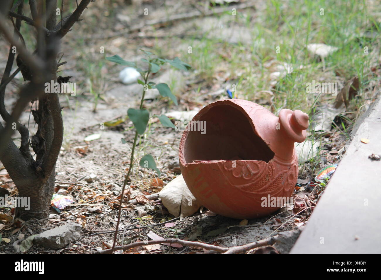 A  broken waste indian  piggy bank on roadside Stock Photo