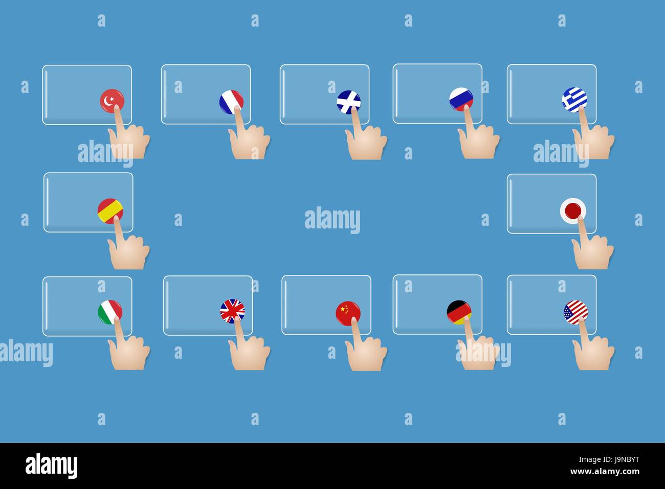 Hands are touching transparent screens with circle national flags of Russia, Germany, USA, Great Britain, Scotland, France, Italy, Greece, Turkey, Spa Stock Vector