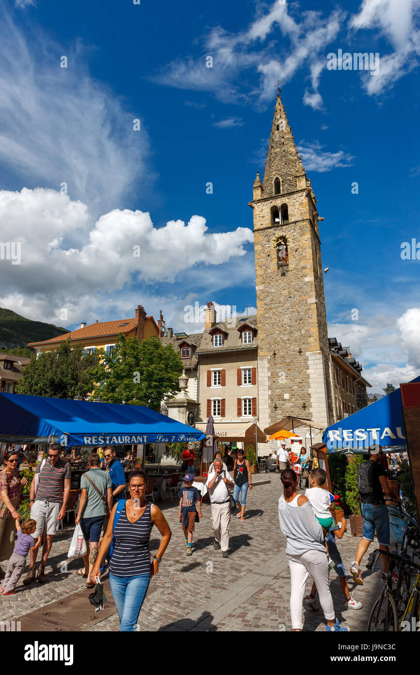 Summer on Manuel Square in the heart of Barcelonnette, Alps, France Stock Photo