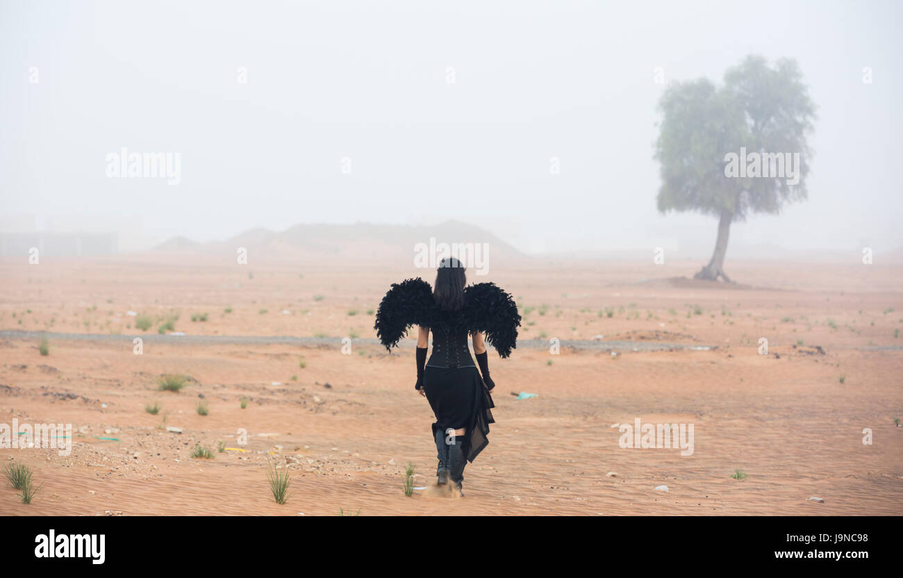 woman wearing blackangel wings walks into a fog Stock Photo