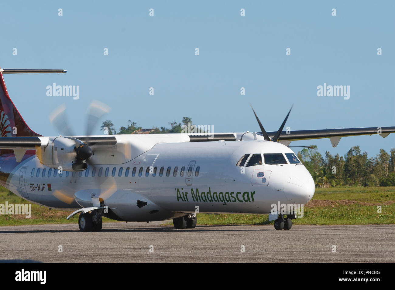 Air Madagascar ATR 72, registration 5R-MJF, taxiing at Maroantsetra Airport, Madagascar. Stock Photo