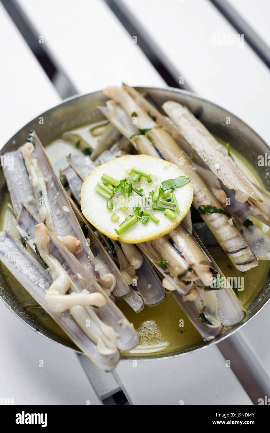 portuguese fresh razor shell seafood steamed in garlic herb white wine