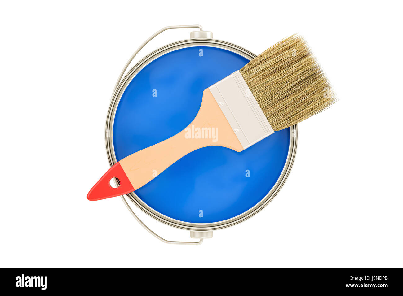 Can with blue paint and brush, top view. 3D rendering isolated on white ...