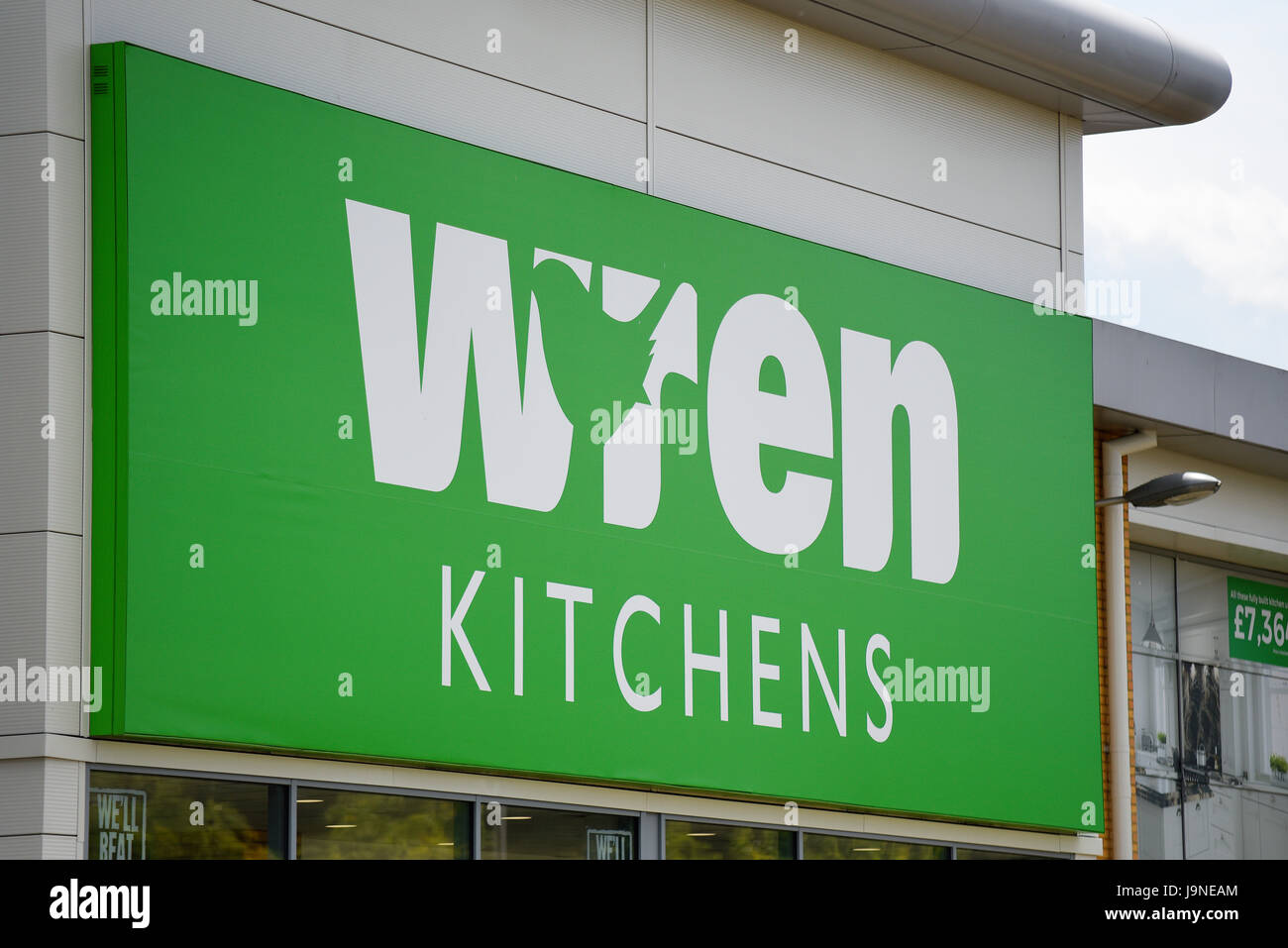 Wren kitchens store sign in Fossetts Park, Southend on Sea, Essex