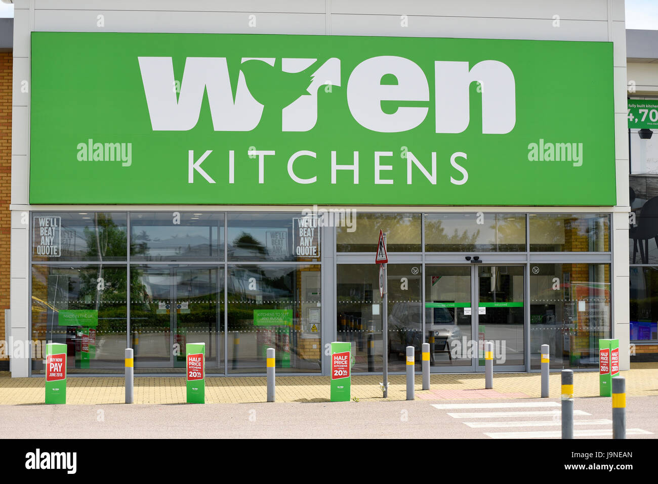 Wren kitchens store sign in Fossetts Park, Southend on Sea, Essex
