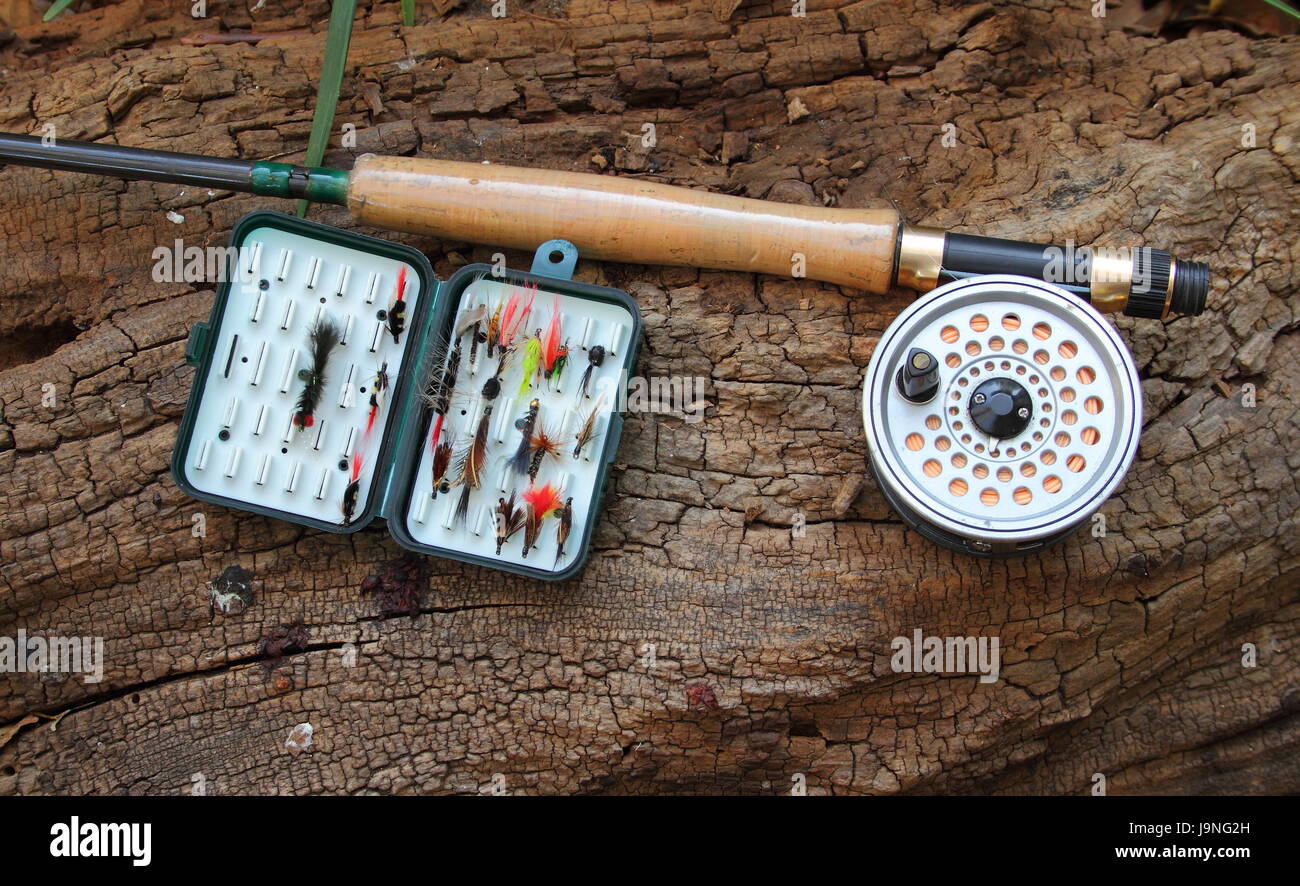 Fly fishing rod, reel and artificial flies outdoors on an old log Stock Photo