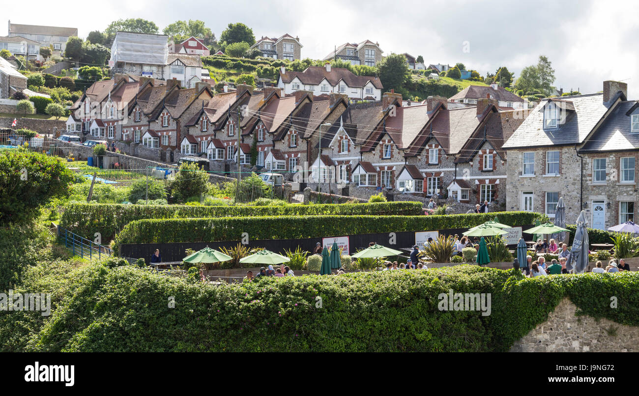 Row of houses looking out at the sea in Common Lane, Berr, Devon, a pretty fishing village on the jurassic coast Stock Photo