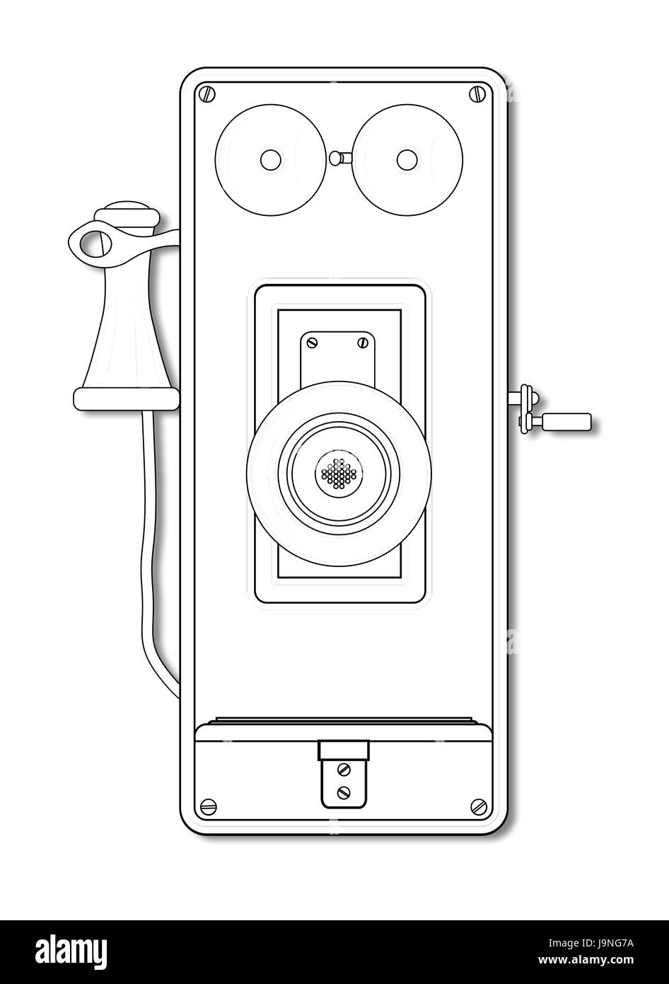 An early model wall mounted telephone with bells ear and mouthpiece in line and isolated Stock Vector