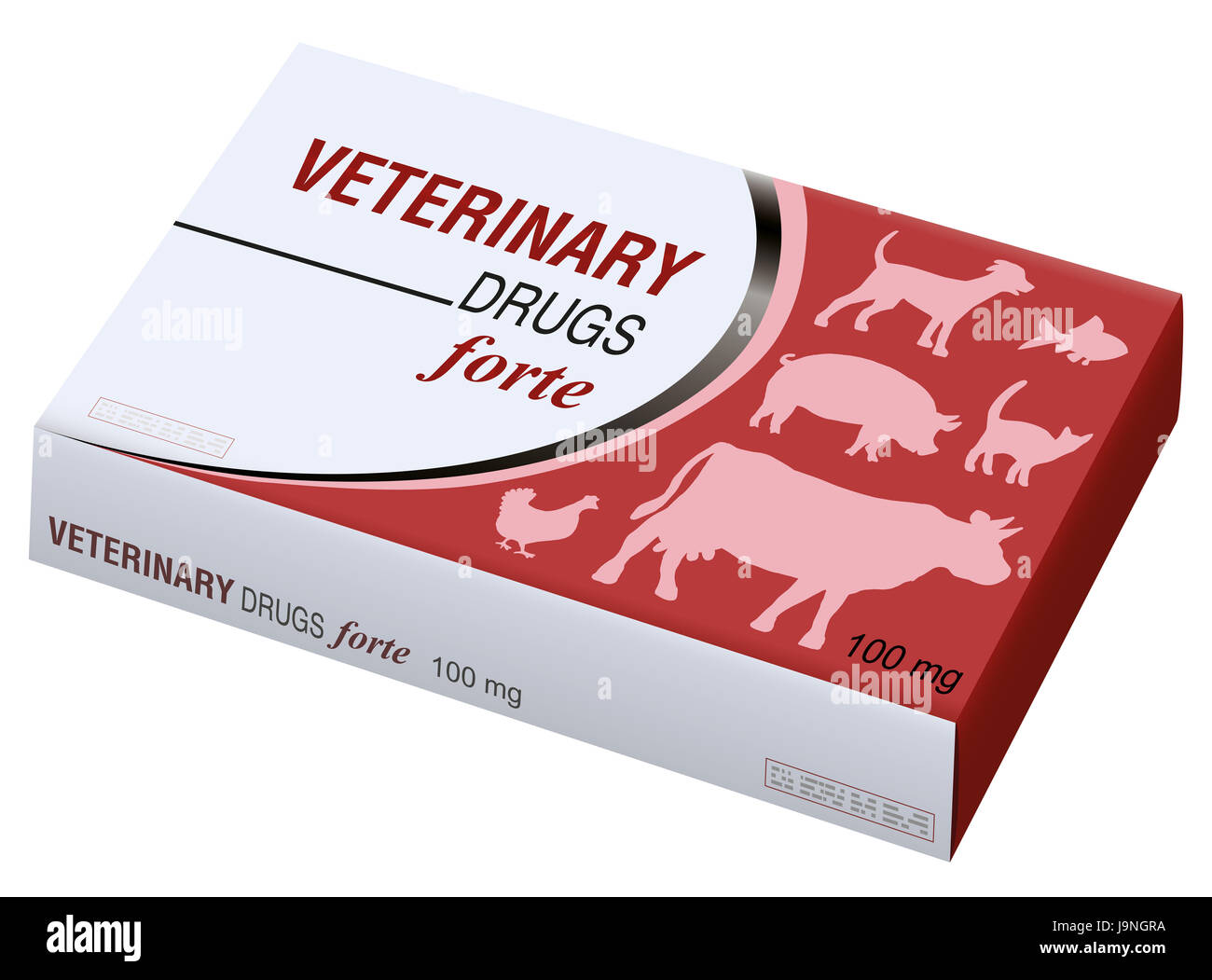 Veterinary drugs fake box - symbol for medical abuse of pets, animals, livestock.  Illustration on white background. Stock Photo