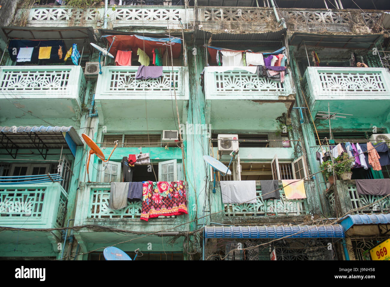 Apartment balconies in Yangon, Myanmar Stock Photo
