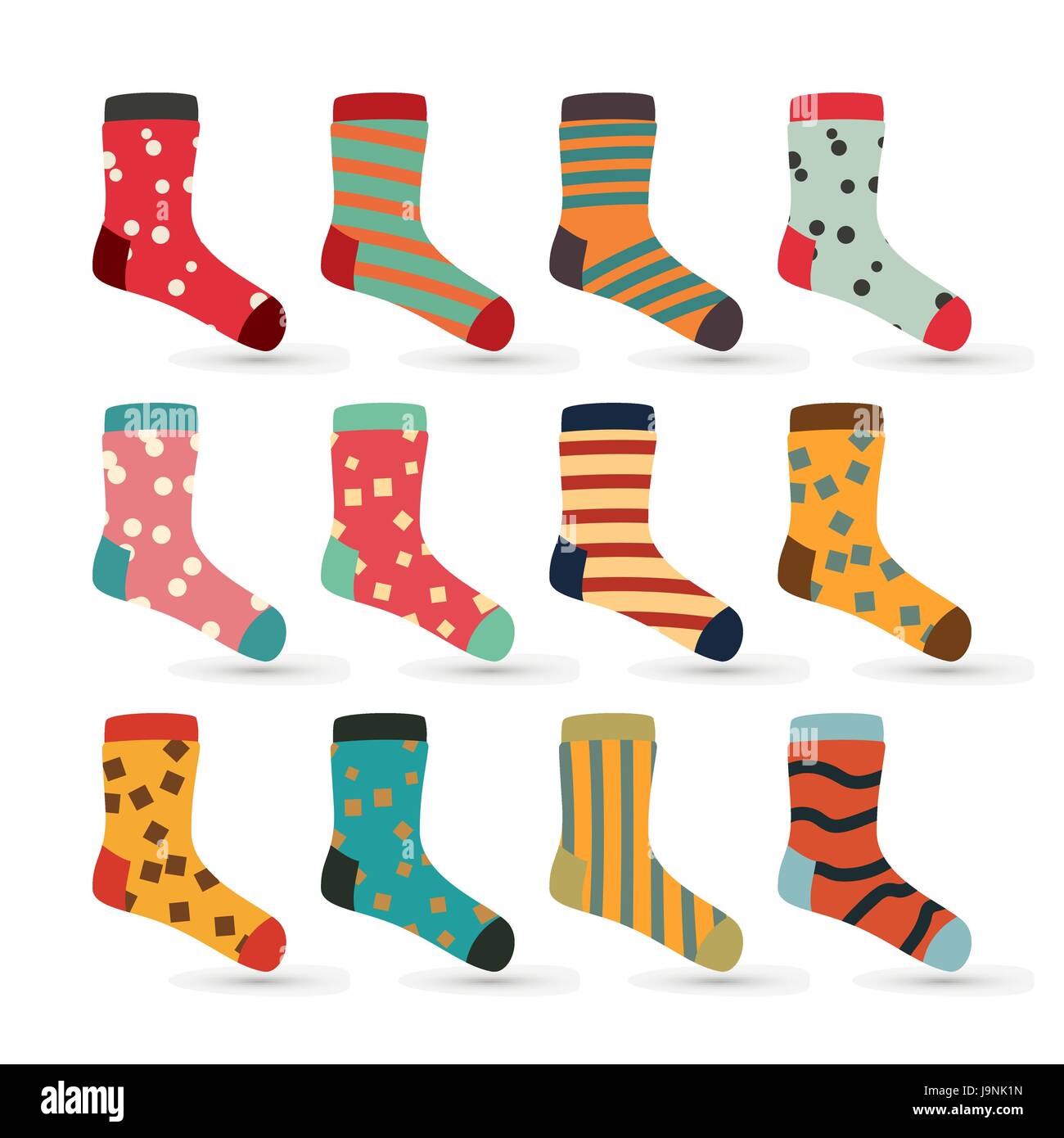 Child Socks Icons Vector. Big Set In Flat Style Illustration. Winter Fashion Sock Fabric Design. Stock Vector