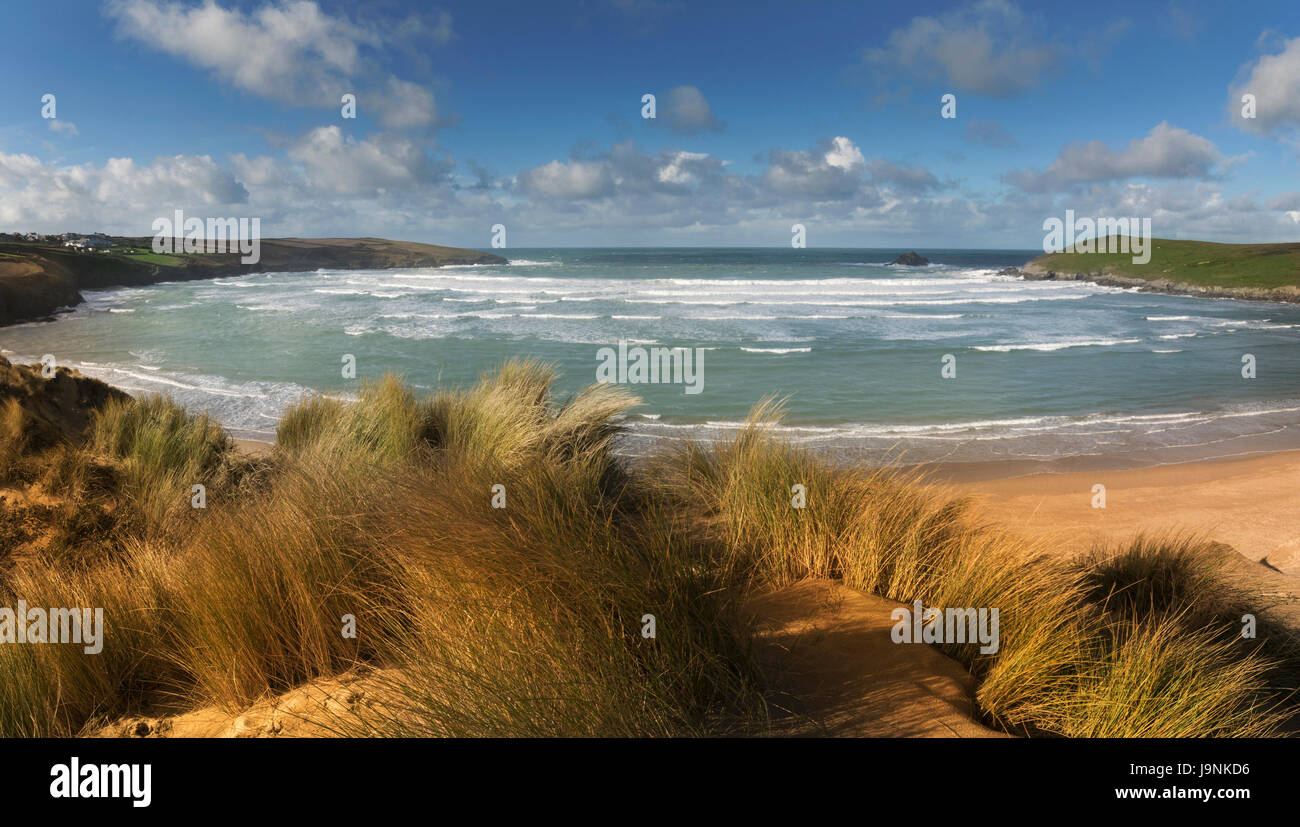 A panorama view of Crantock beach west pentire on the north Cornwall coast showing the incoming tide under blue skies Stock Photo