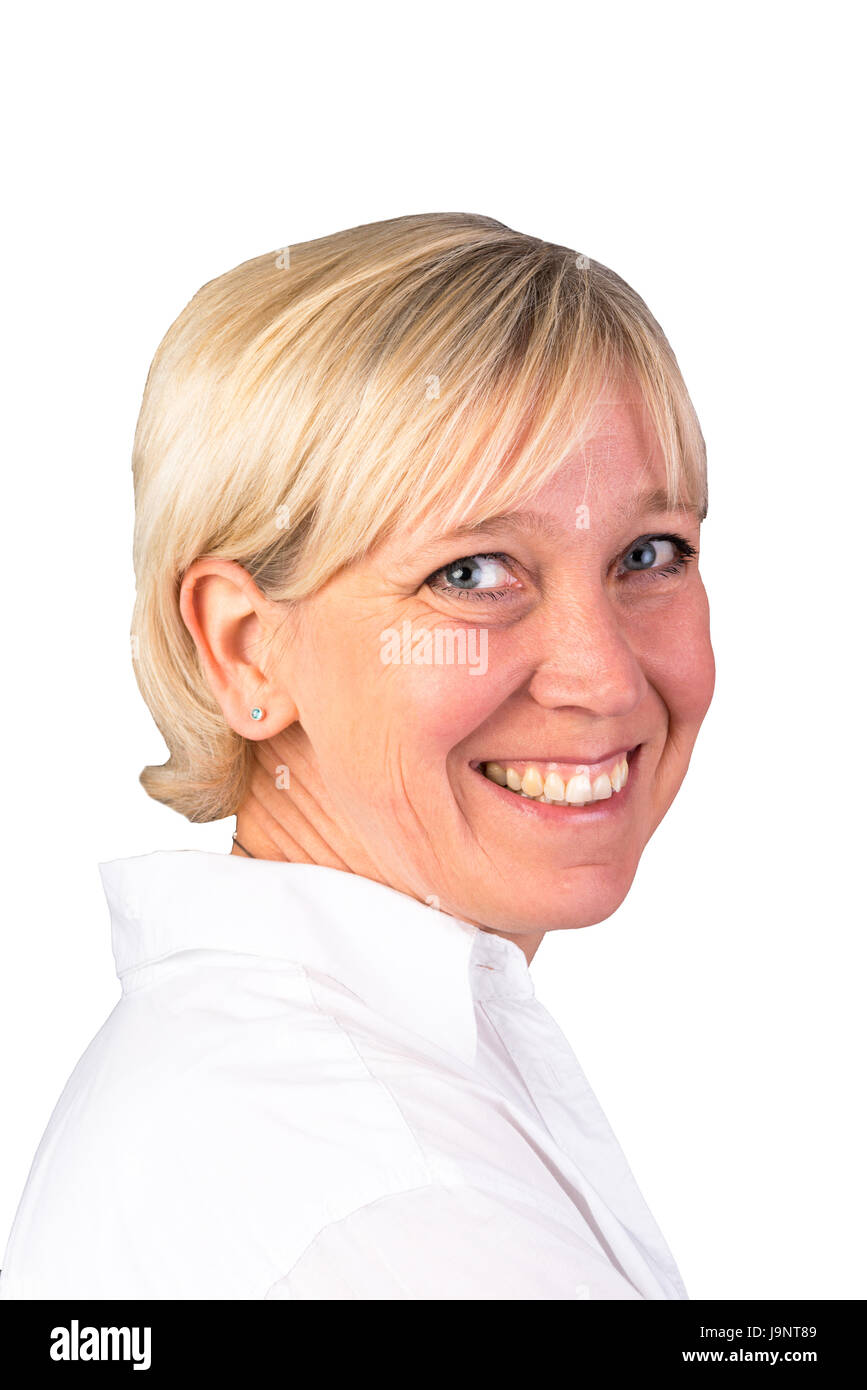 headshot of attractive blonde candid european mature woman with Stock