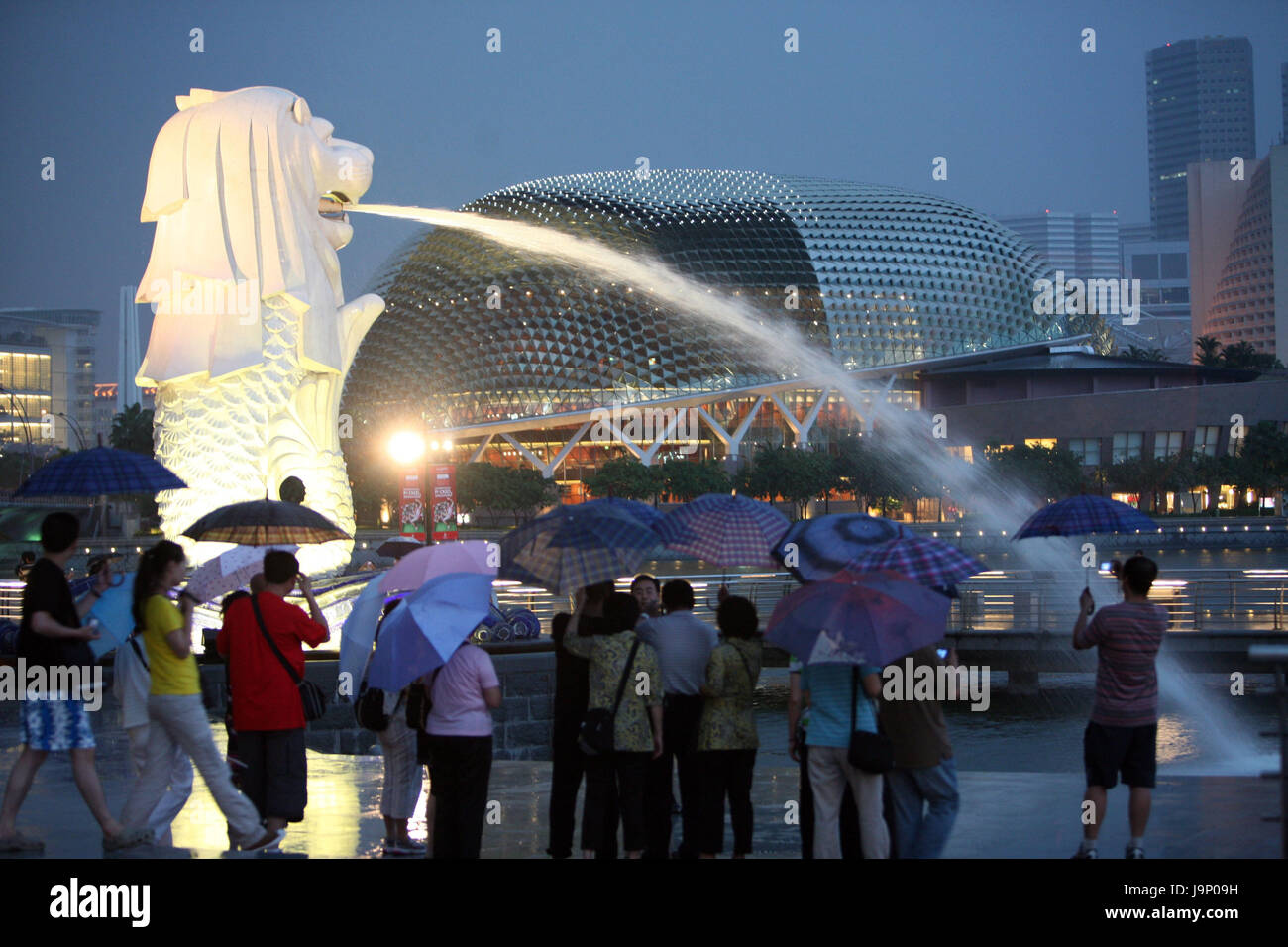 Singapore,island,town,skyline,centre,Merlion,statue,well,landmark,Esplanade,theatre,night,rainy season,rain,tourist, Stock Photo