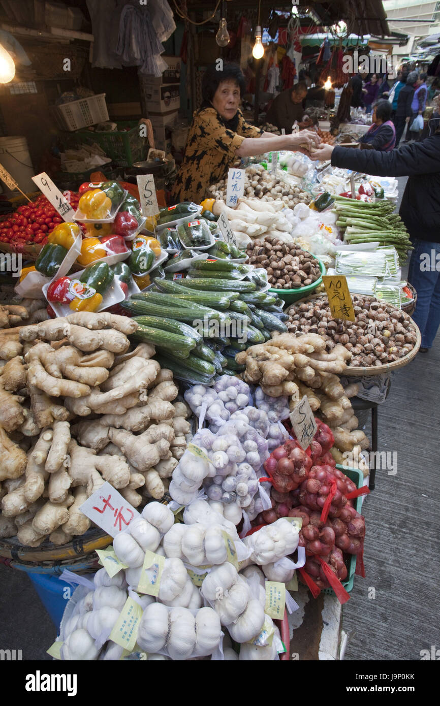 China,Hong Kong,Wanchai,vegetable market,dealer, Stock Photo
