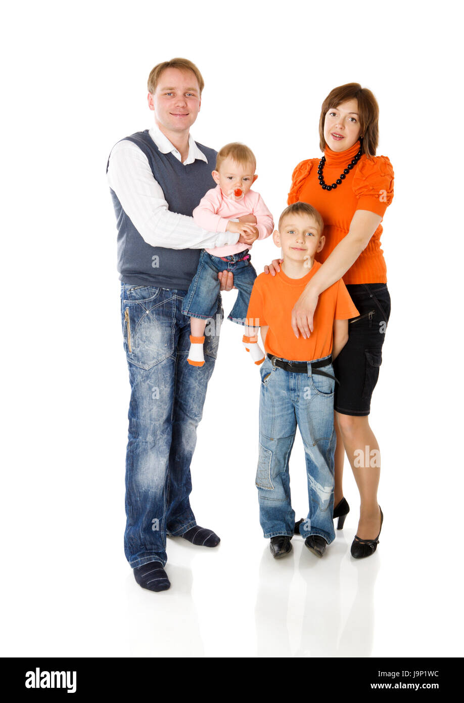 Happy Family with two kids together isolated on white Stock Photo