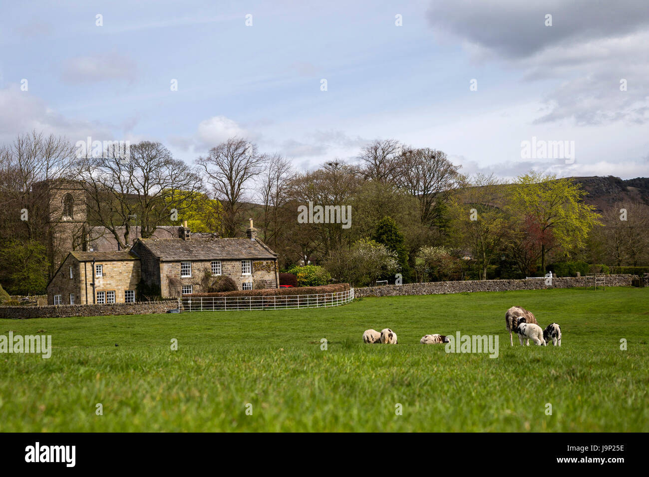 Church and Farmland at Embsay in North Yorkshire Stock Photo