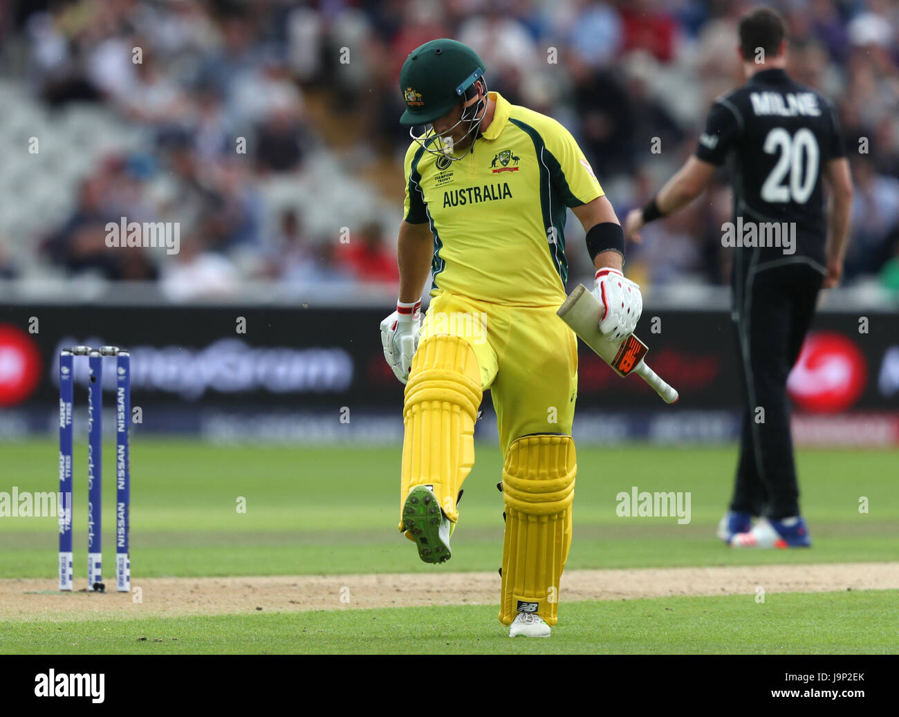 Australia's Aaron Finch kicks the ground in frustration after being dismissed by New Zealand's Trent Boult during the ICC Champions Trophy, Group A match at Edgbaston, Birmingham. Stock Photo
