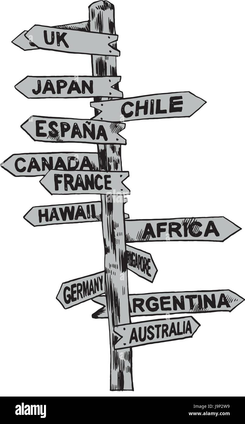 Direction signs different countries. Isolated illustration. Vector Stock Vector