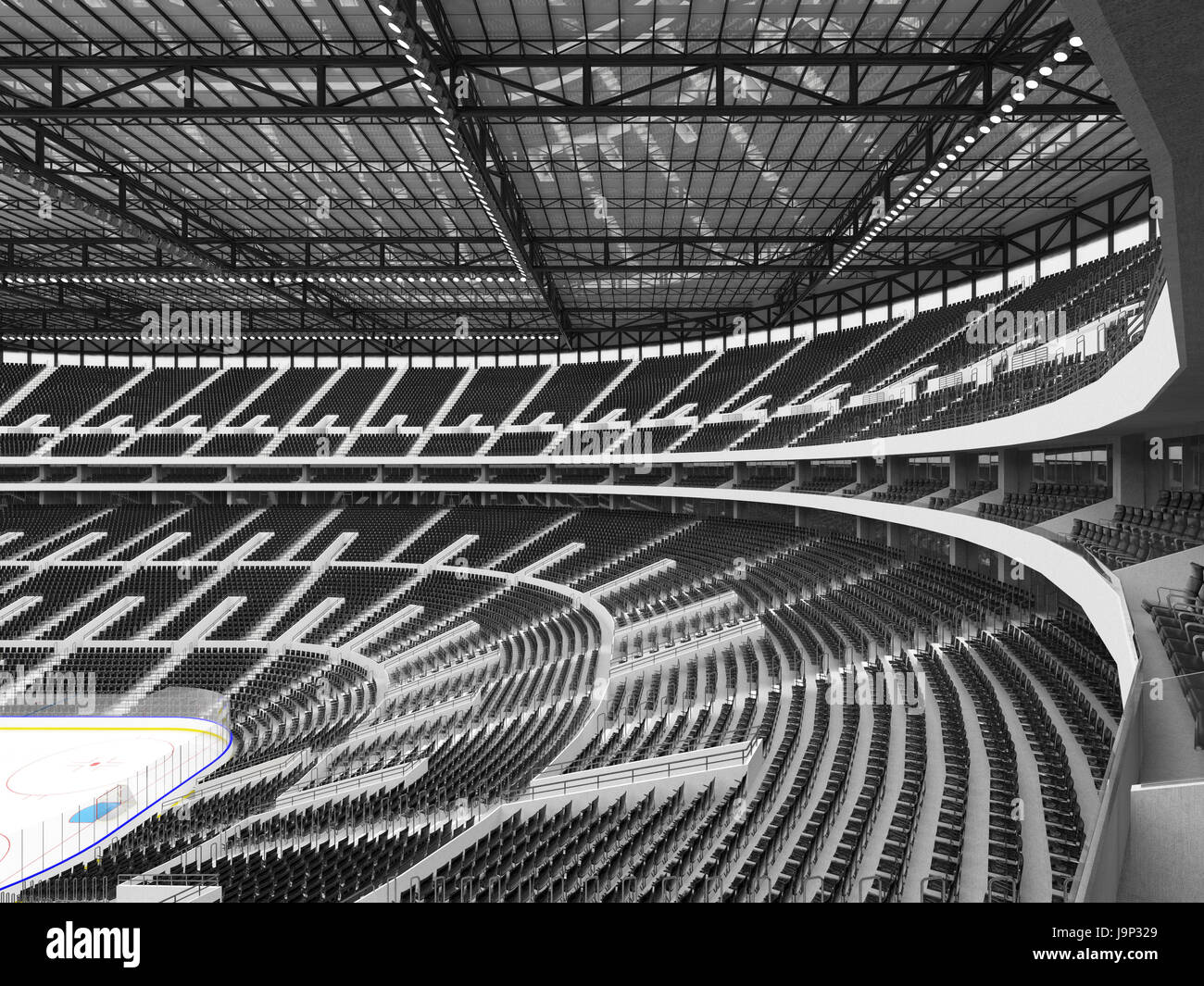 3D render of beautiful sports arena for ice hockey with black seats and