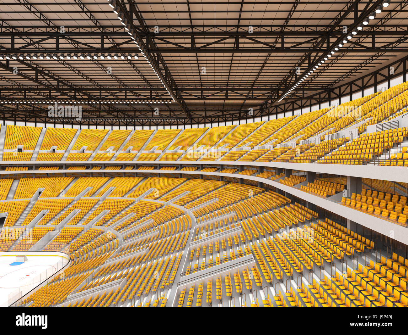 3D render of beautiful sports arena for ice hockey with yellow seats