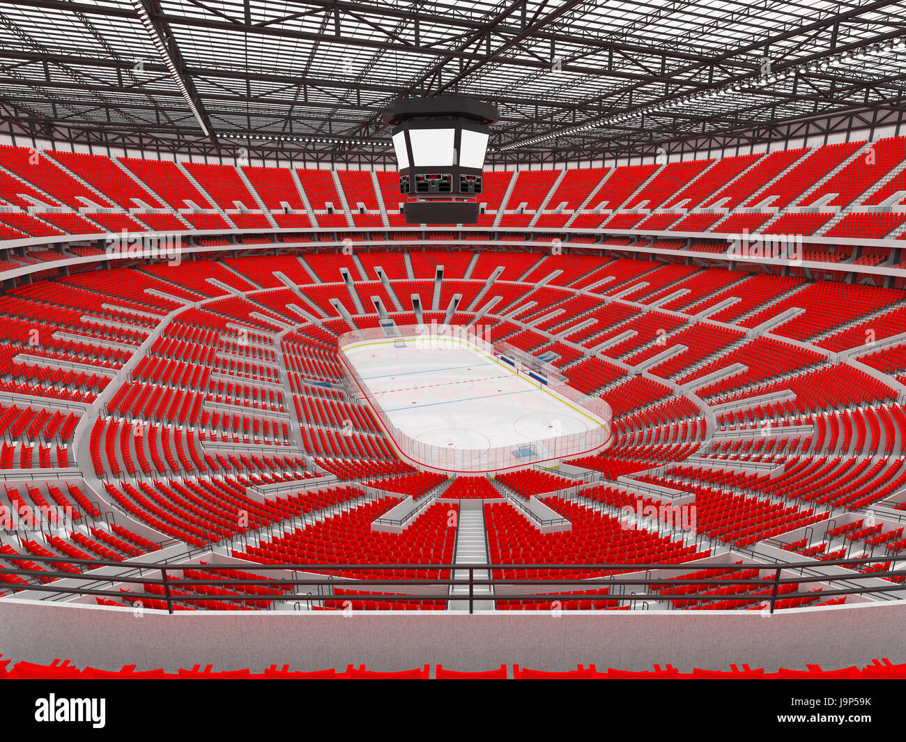 3D render of beautiful sports arena for ice hockey with red seats and VIP boxes for fifty thousand people Stock Photo