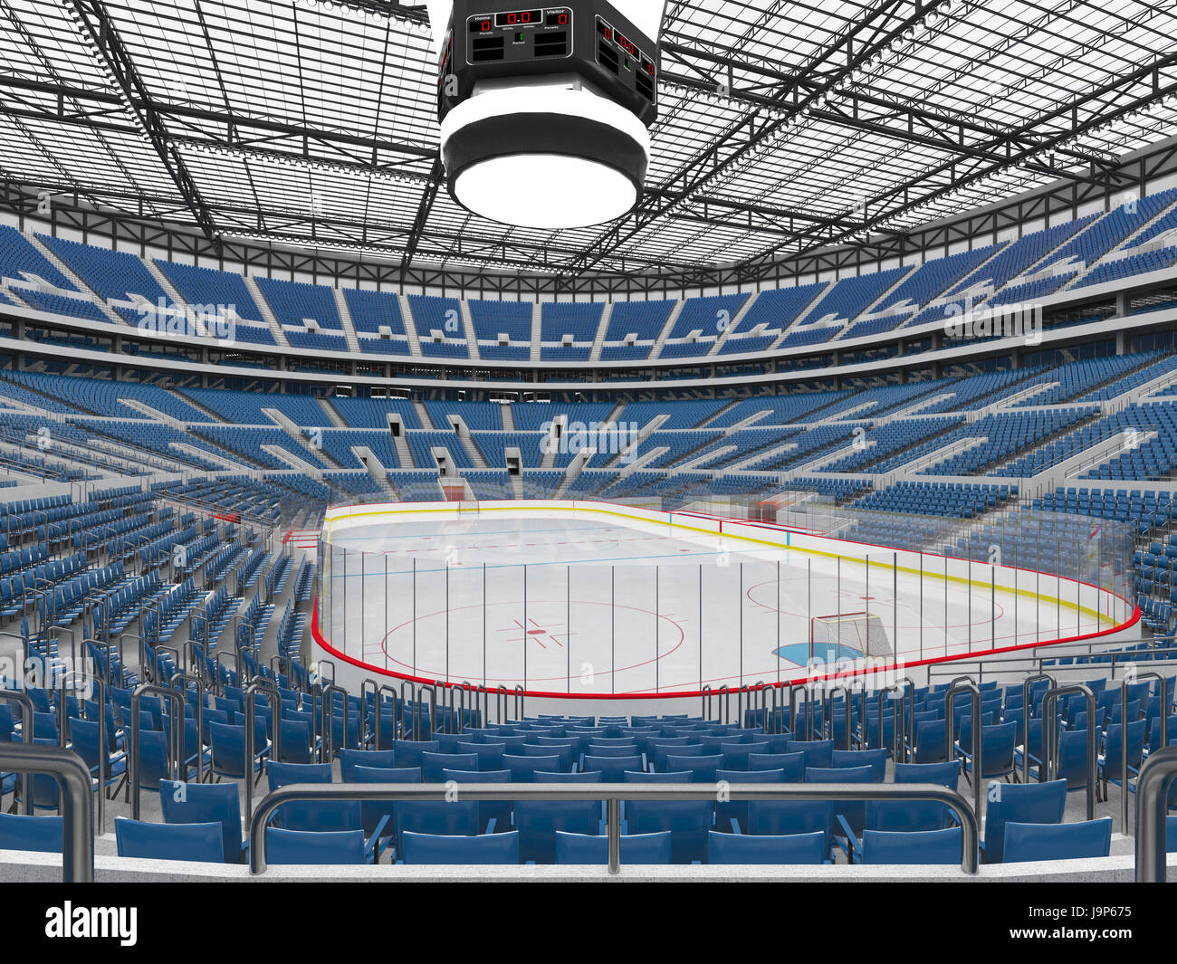 3D render of beautiful sports arena for ice hockey with blue seats and VIP boxes for fifty thousand people Stock Photo