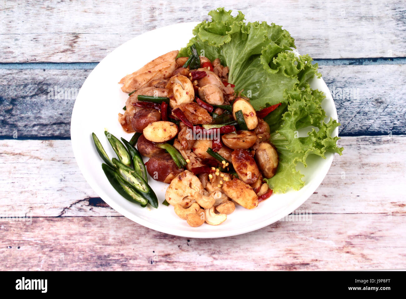 Thai recipe , Spicy fried jackfruit seeds and chicken with roasted