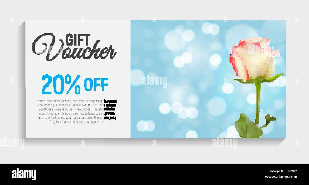 Gift Voucher Card Template with Flowers. 3D Realistic Vector Iil Stock Vector