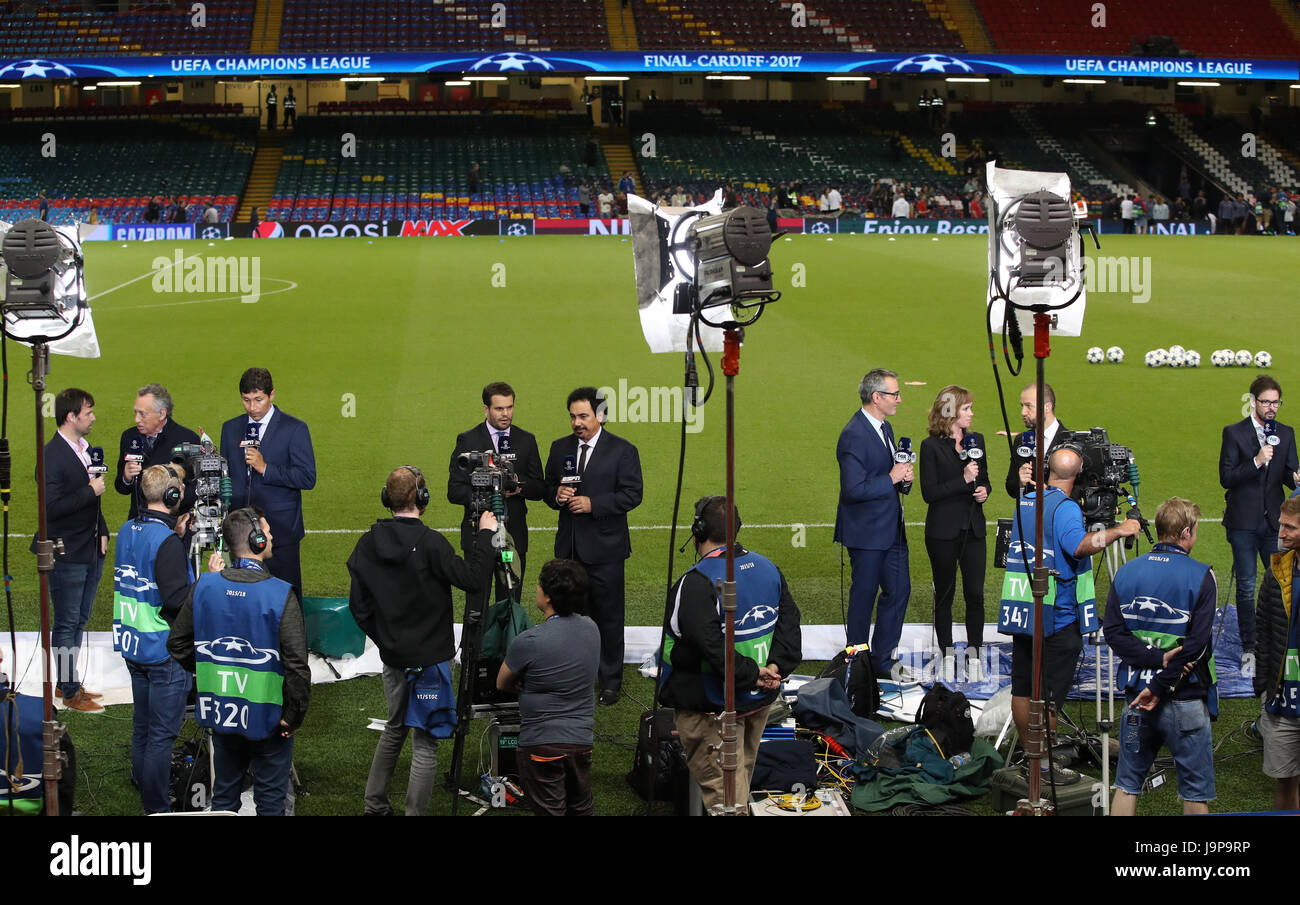 Media reporting ahead of the UEFA Champions League Final at the National Stadium, Cardiff. Stock Photo