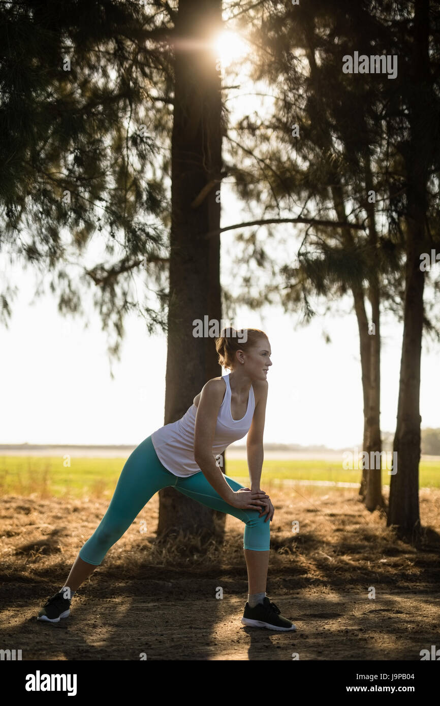 Young woman exercising by tree at farm on sunny day Stock Photo