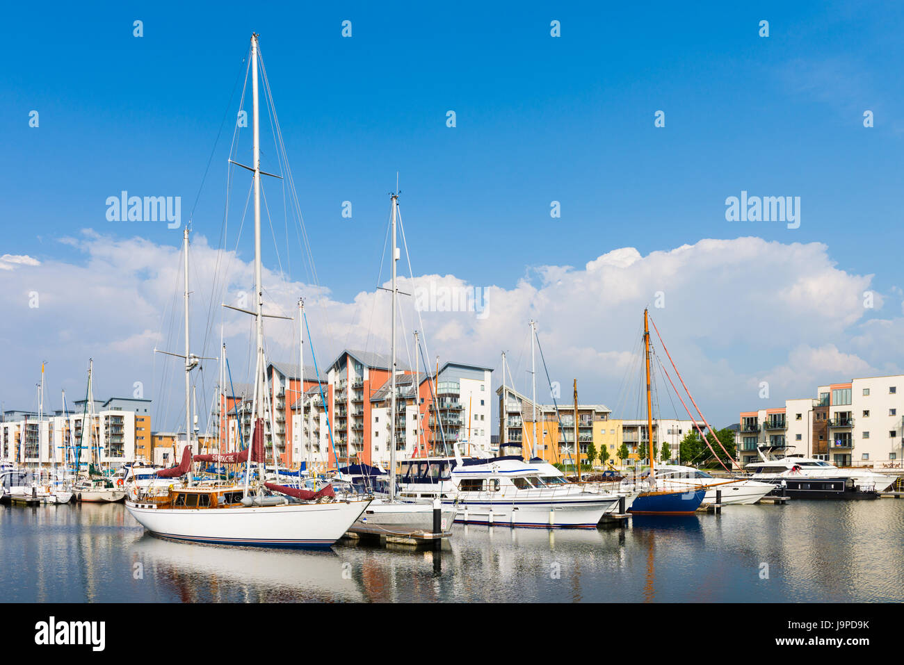 Boats and apartments at Portishead Quays Marina, North Somerset, England. Stock Photo