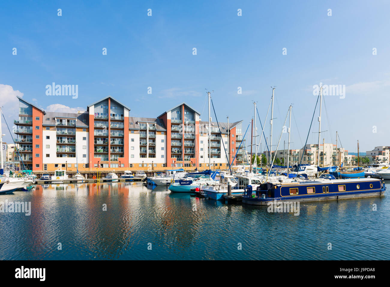 Boats and apartments at Portishead Quays Marina, North Somerset, England. Stock Photo