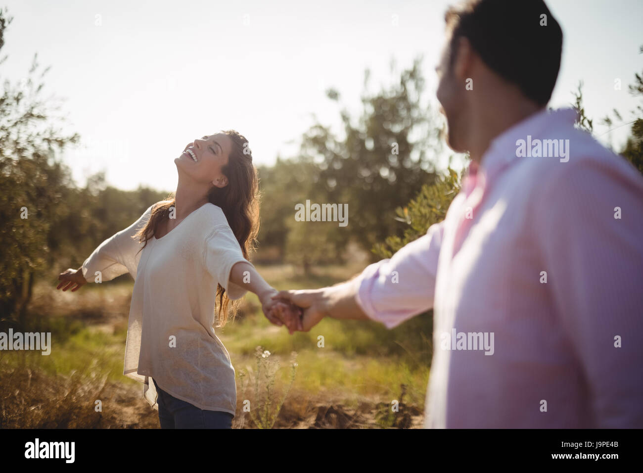 Cheerful young holding hands at olive farm during sunny day Stock Photo ...