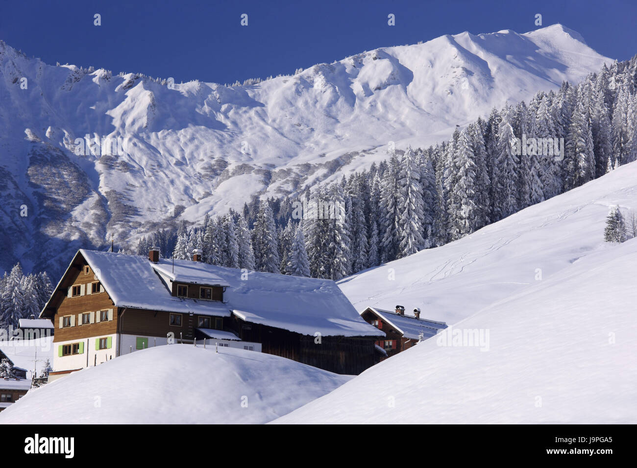 Austria,Vorarlberg,Kleinwalsertal,Baad,Allgäuer alps,residential house,winter, Stock Photo