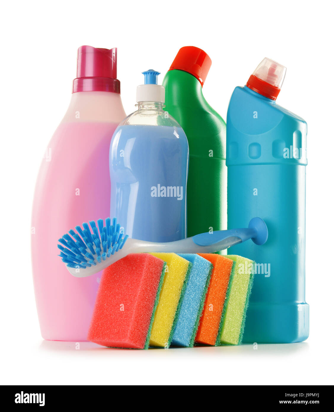 Detergents and cleaning accessories on a green background. Housekeeping  concept Stock Photo - Alamy