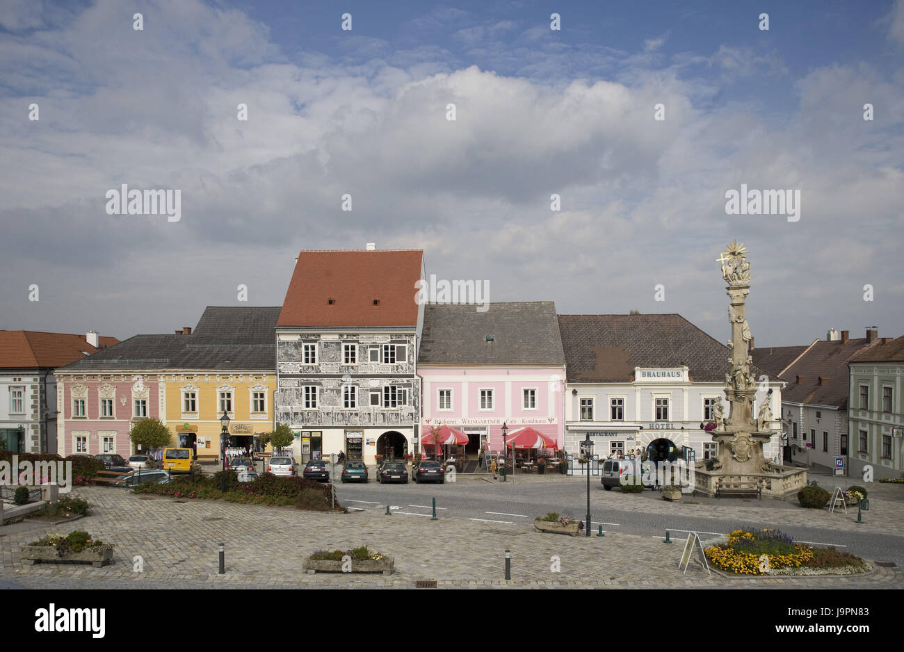 Austria,Lower Austria,forest fourth,Weitra,main square,Sgraffitohaus,Trinity pillar, Stock Photo