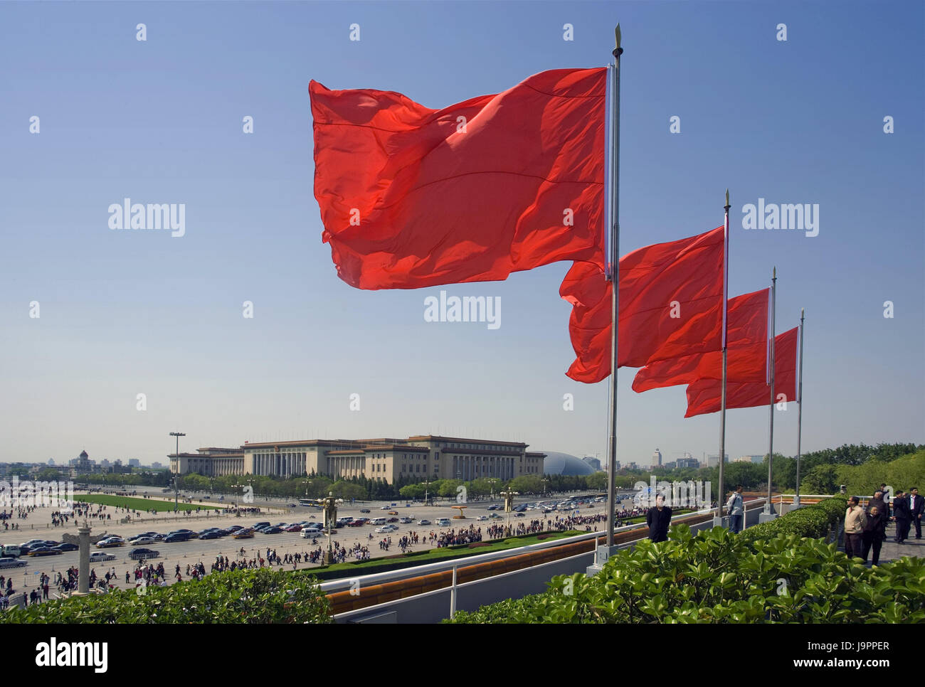 China,Peking,space of the heavenly peace,big hall of the people,flags,red,Asia,Eastern Asia,town,capital,destination,culture,place of interest,Tiananmen,building,tourism,tourist,person,outside,sky,monumental structure, Stock Photo