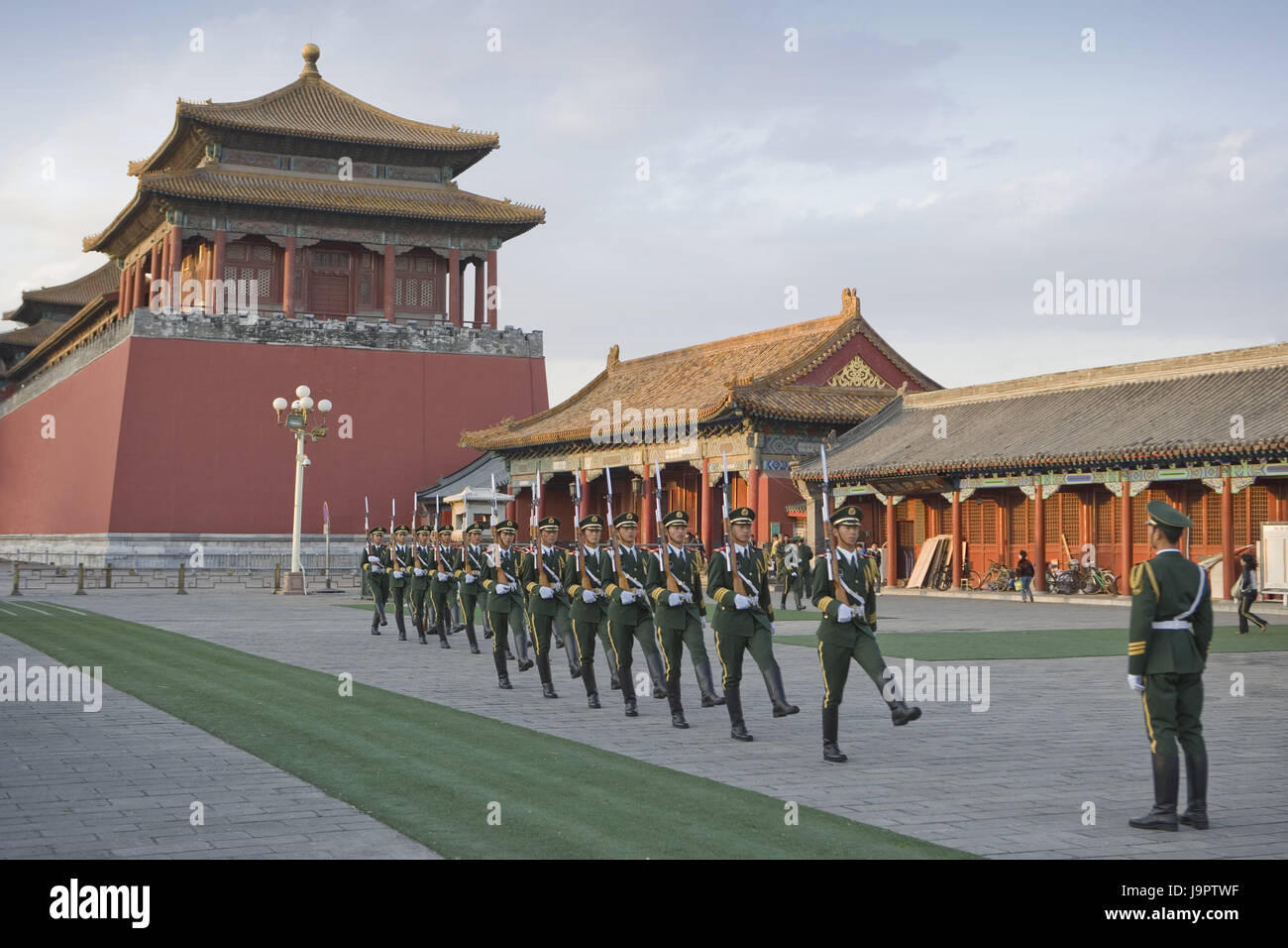 China,Peking,Forbidden City,imperial palace,soldier,drill,no model release,Asia,Eastern Asia,town,capital,part of town,destination,palace,palace museum,building,structure,palace building,architecture,place of interest,culture,tourism,UNESCO-world cultural heritage,architecture,person,guards,awake soldiers, Stock Photo