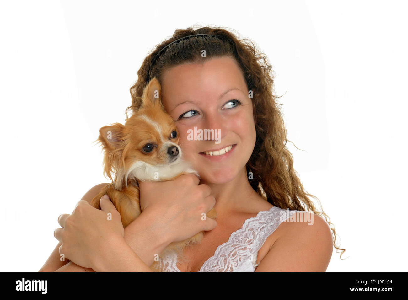 woman, dog, puppy, dapper, accosting, pretty, prettily, prettier, ravishing, Stock Photo