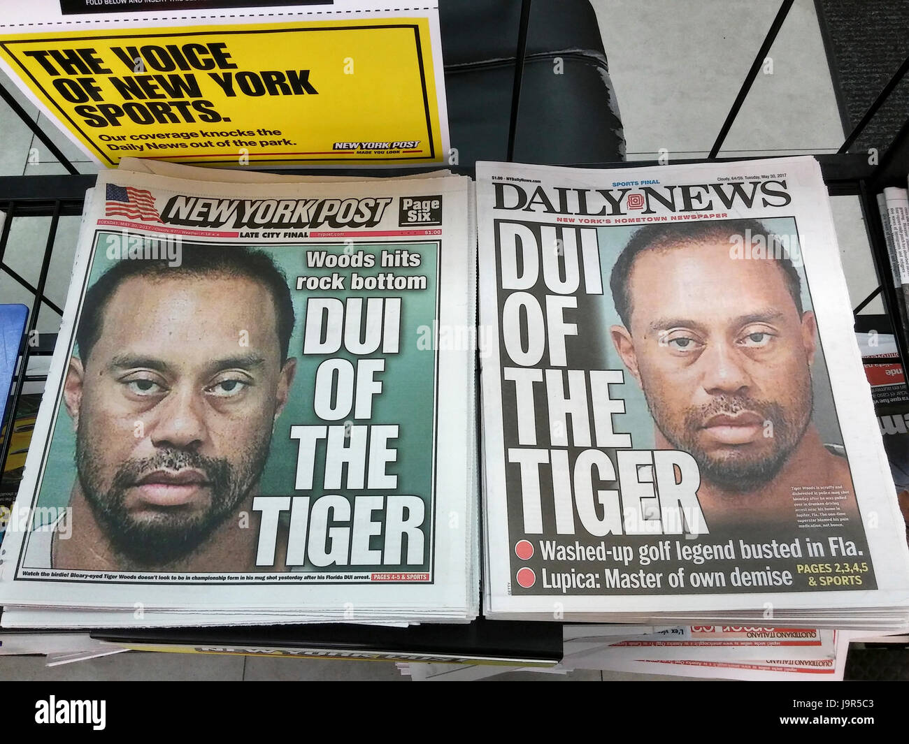 The New York Daily News and the New York Post on Tuesday, May 30, 2017 use identical headlines and the Palm Beach County Sheriff Department's official mugshot in their coverage of golfer Tiger Woods' arrest allegedly for DUI..  (© Richard B. Levine) Stock Photo
