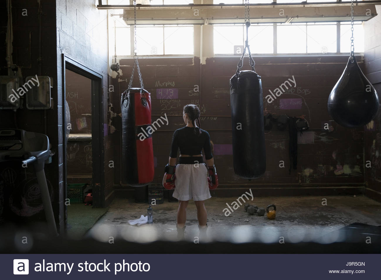Female boxer standing at punching bags in gritty gym Stock Photo