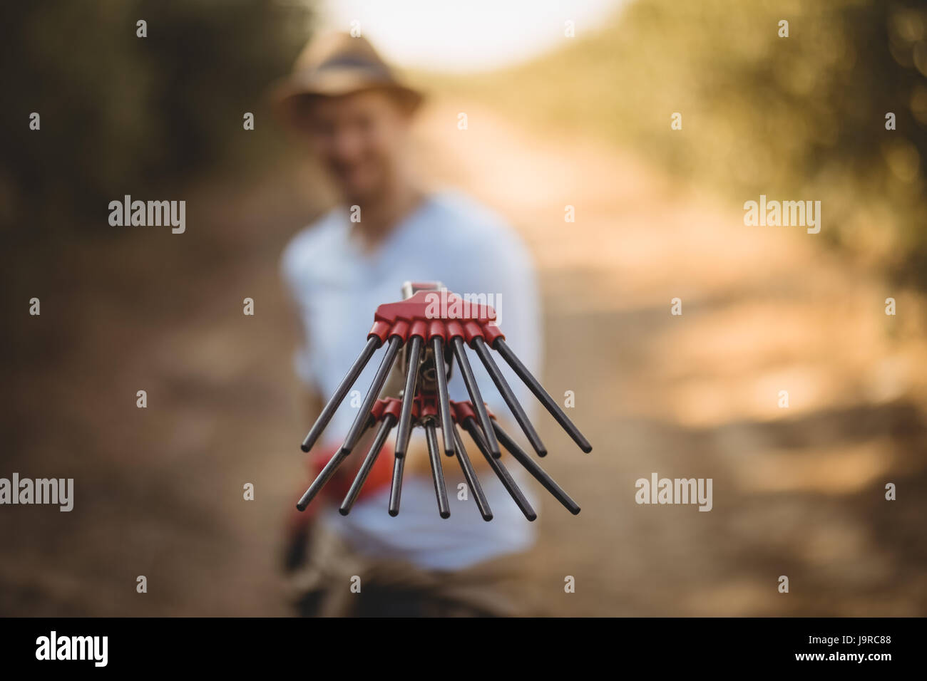 Young male farmer with olive rake at farm Stock Photo Alamy