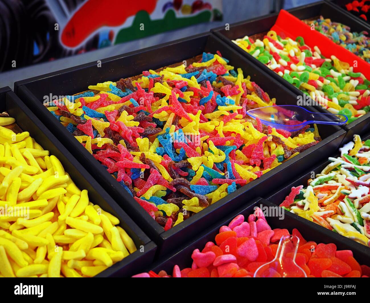Stall, stand with, jelly beans. Colorful, colorful street food with