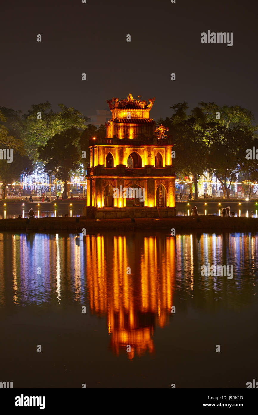 Turtle Tower at night, Hoan Kiem Lake, Hanoi, Vietnam Stock Photo