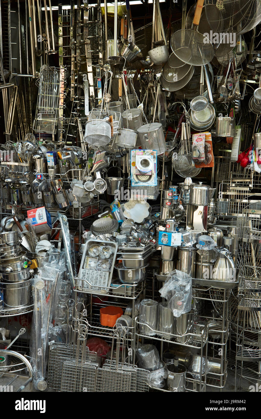 Shop selling metal kitchen utensils, Metal Street, Old Quarter, Hanoi, Vietnam Stock Photo